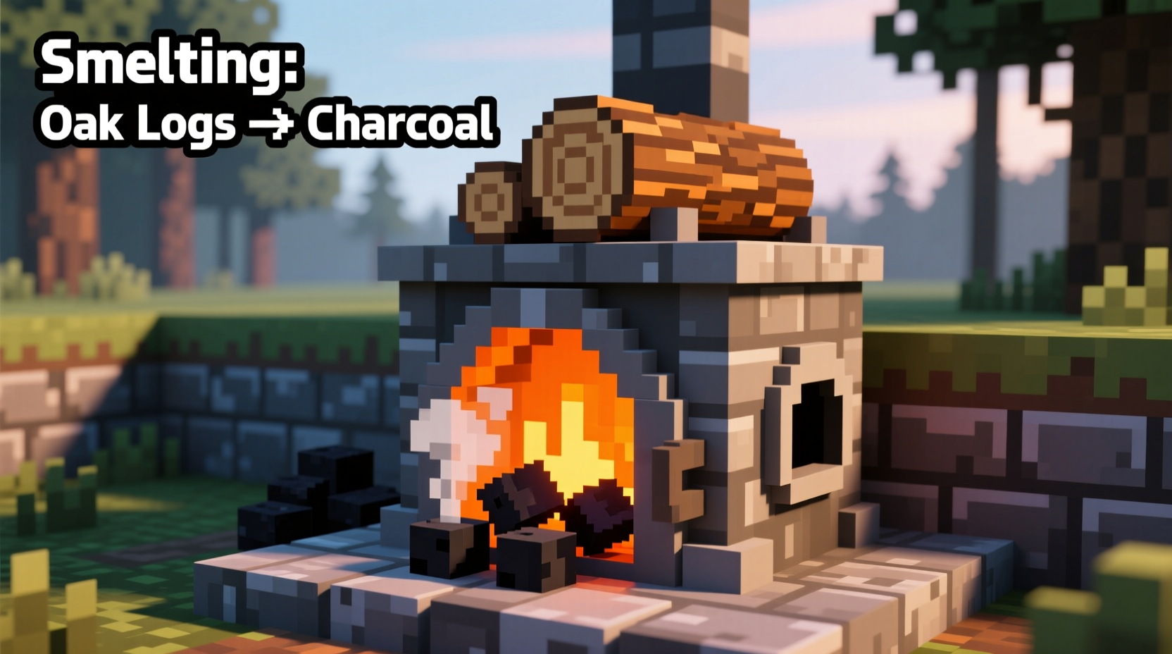 Minecraft furnace smelting oak logs into charcoal