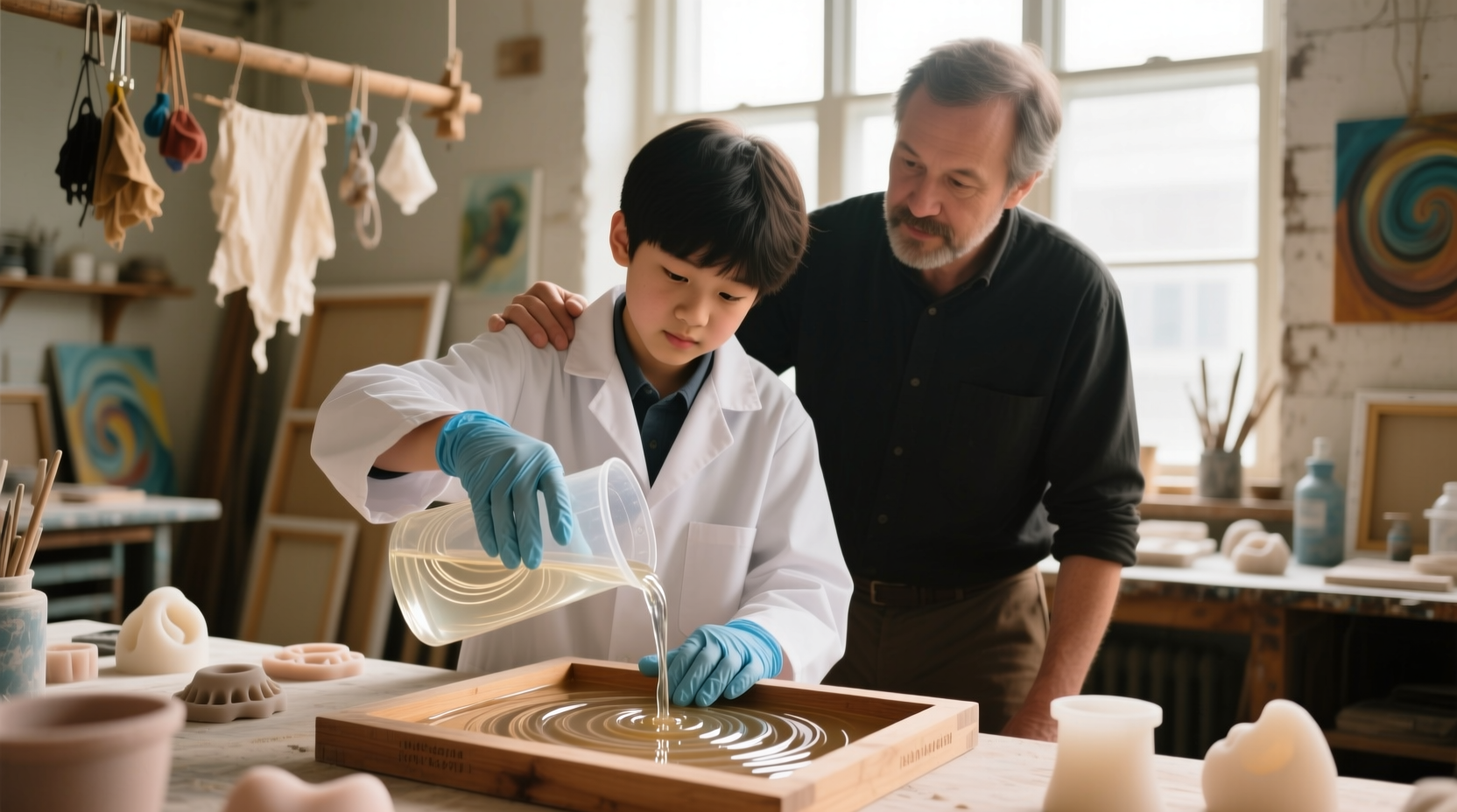 Student wearing gloves during resin art workshop with instructor