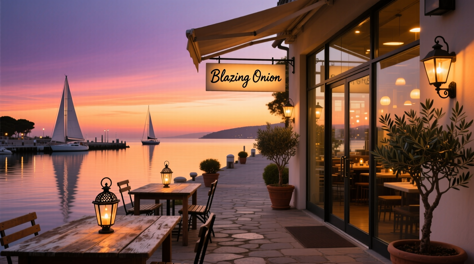 Blazing Onion restaurant waterfront patio with sunset view