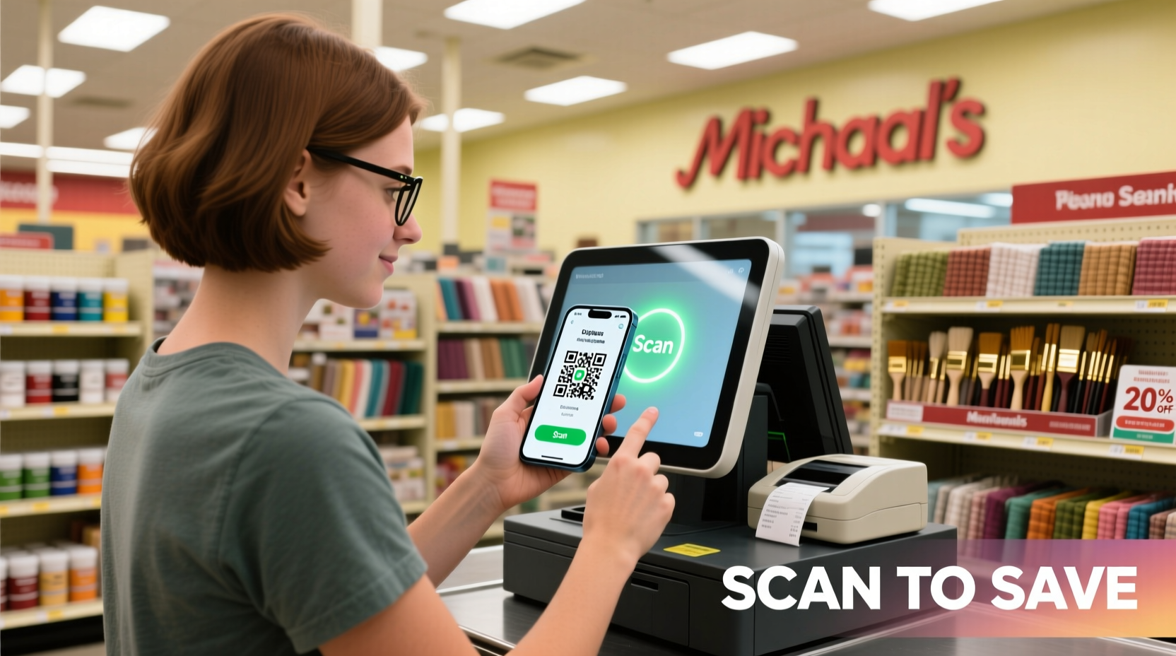 Crafter using mobile app to scan coupon at Michaels checkout