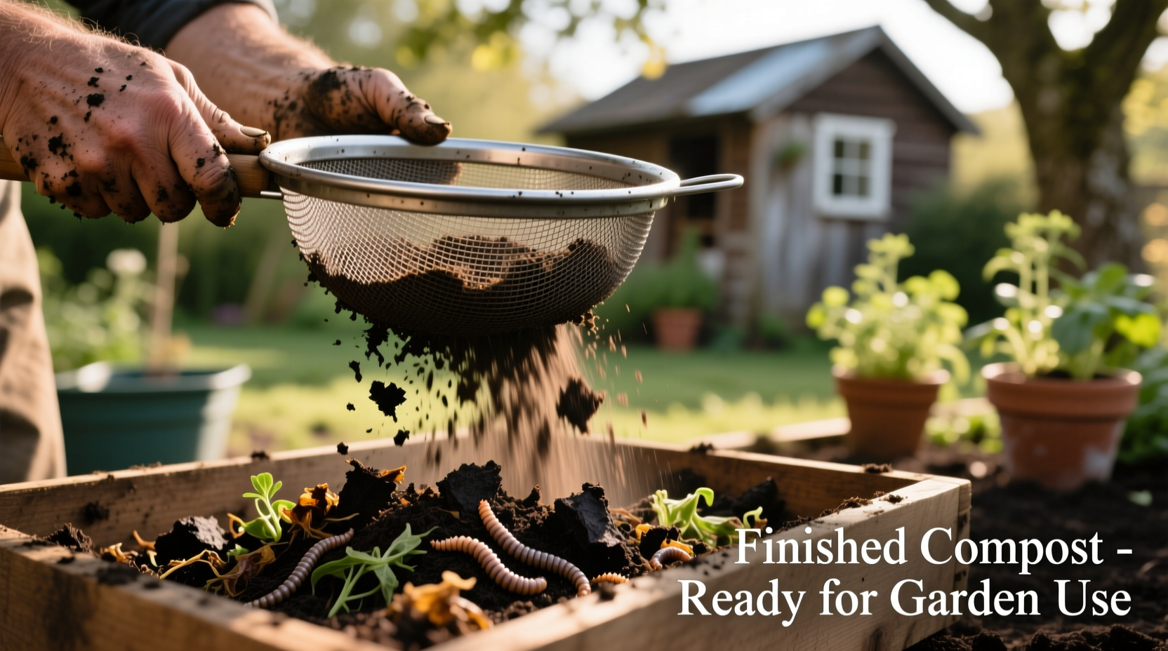 Finished compost being sifted for garden use