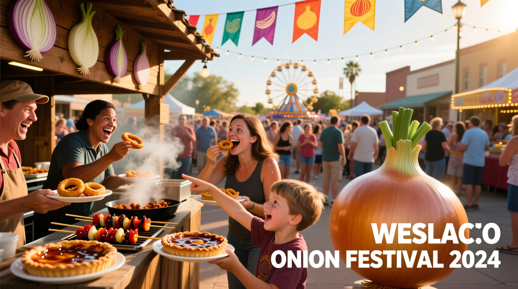 Crowd enjoying onion festival food samples in Weslaco