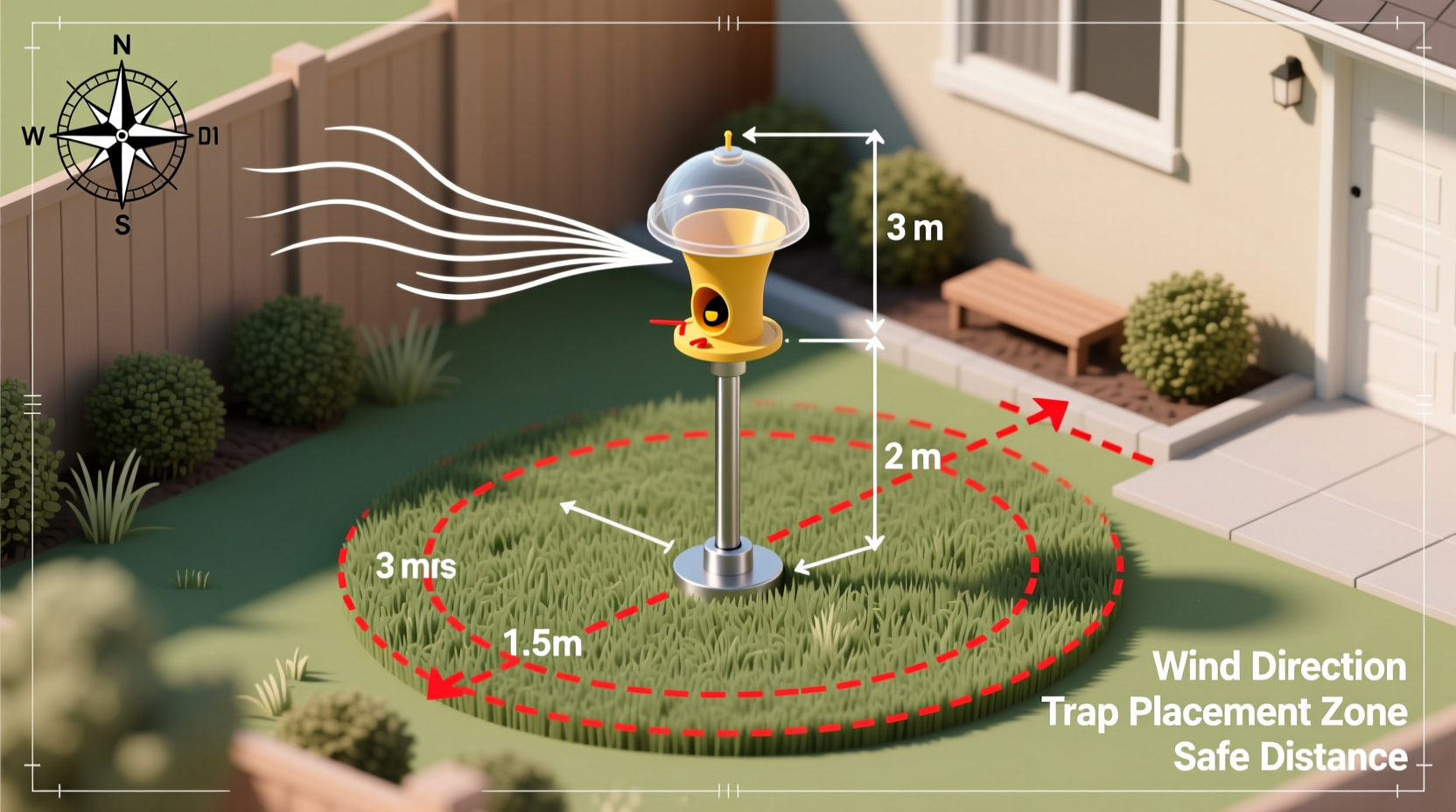 Wasp trap placement diagram showing wind direction and distances