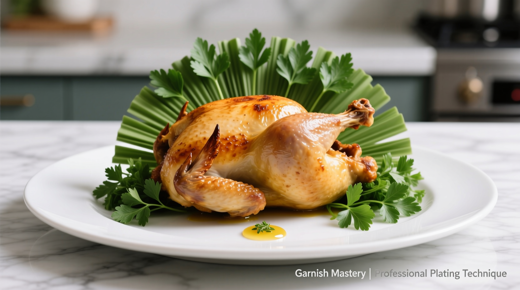 Professional parsley garnish technique on roasted chicken