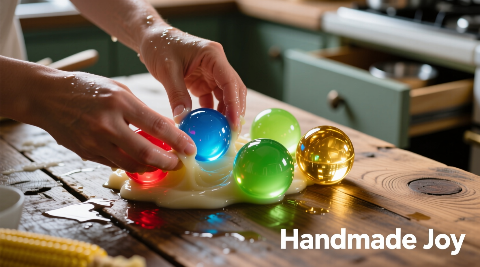 Hands shaping colorful cornstarch bouncy balls on wooden table