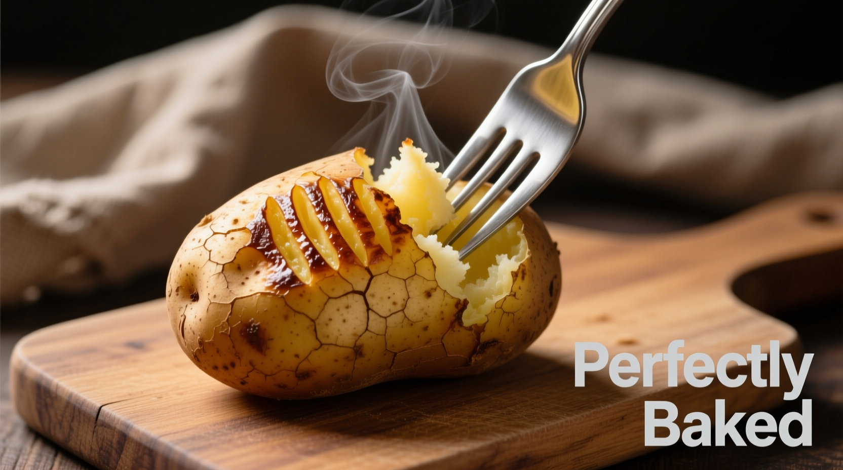 Perfectly baked russet potato with fork