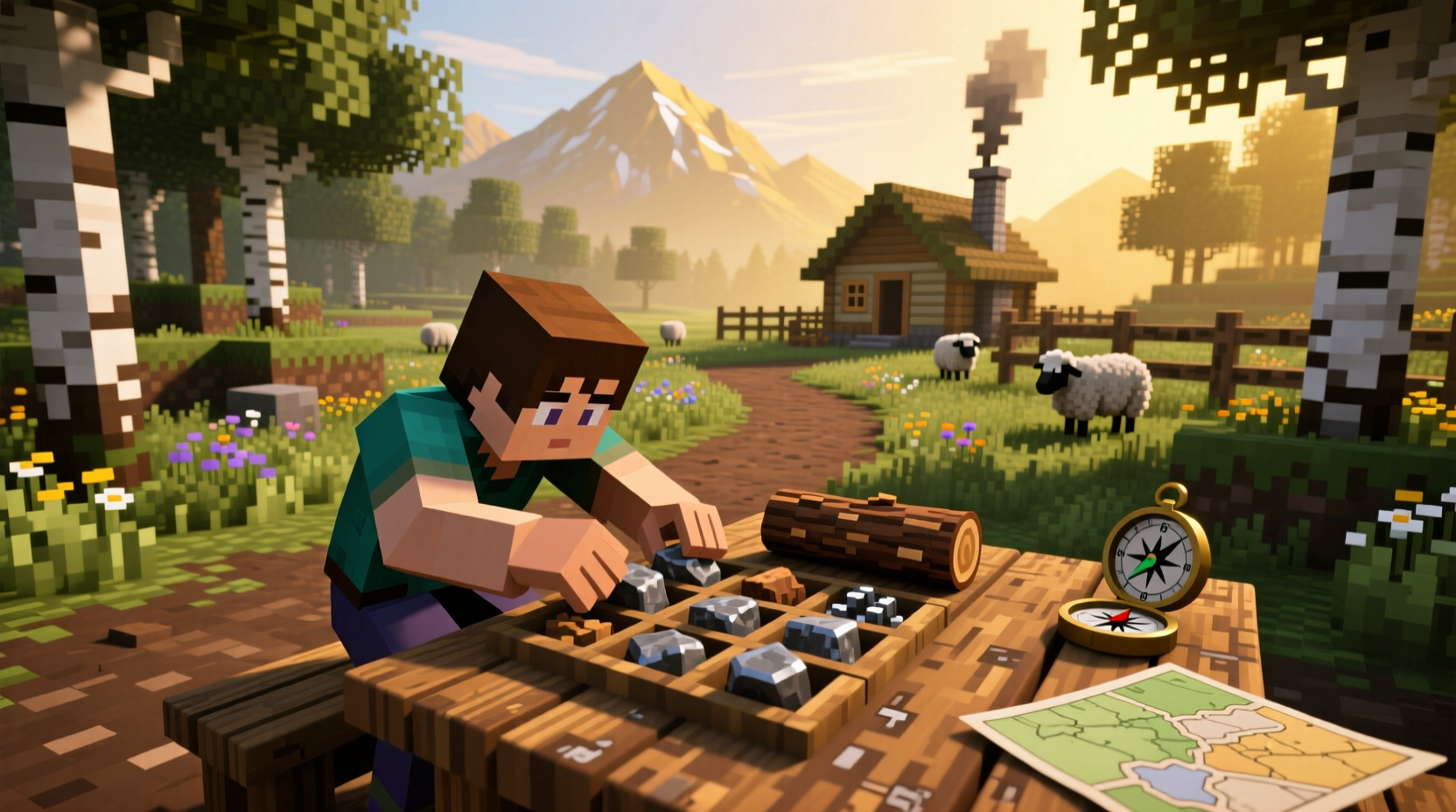 Player using crafting table in Minecraft survival world