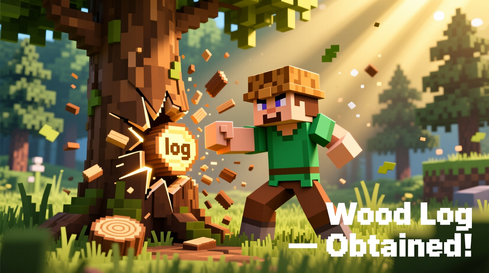 Player punching tree trunk to obtain wood log in Minecraft