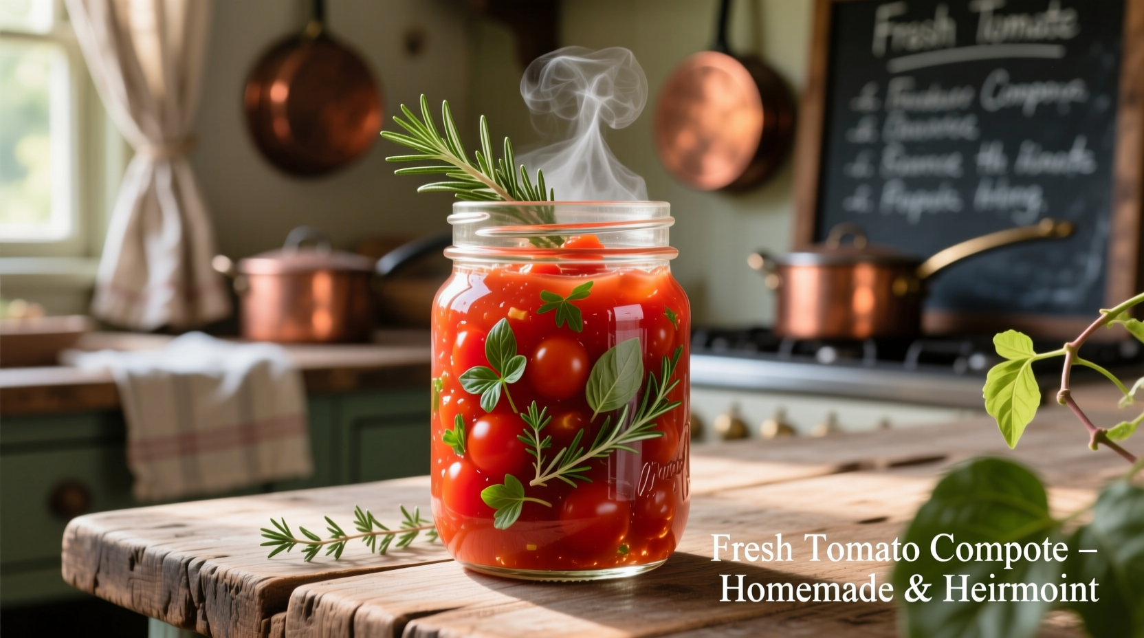 Fresh tomato compote in mason jar with herbs