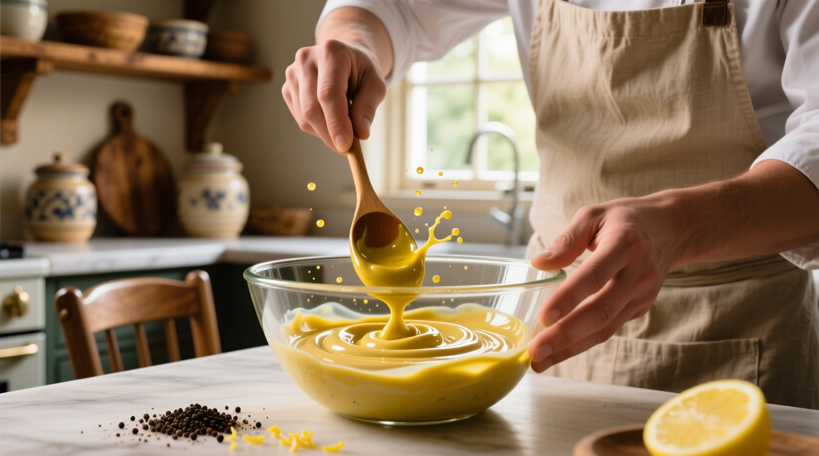Chef preparing homemade mustard mayo in glass bowl