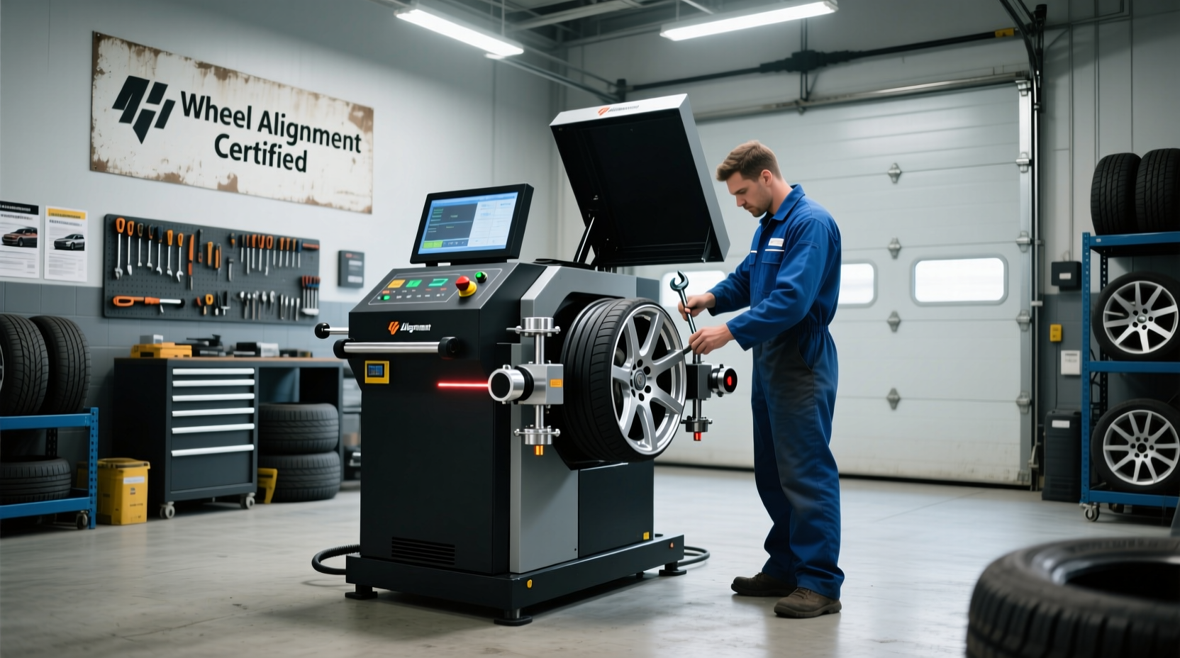 Professional wheel alignment machine in auto shop