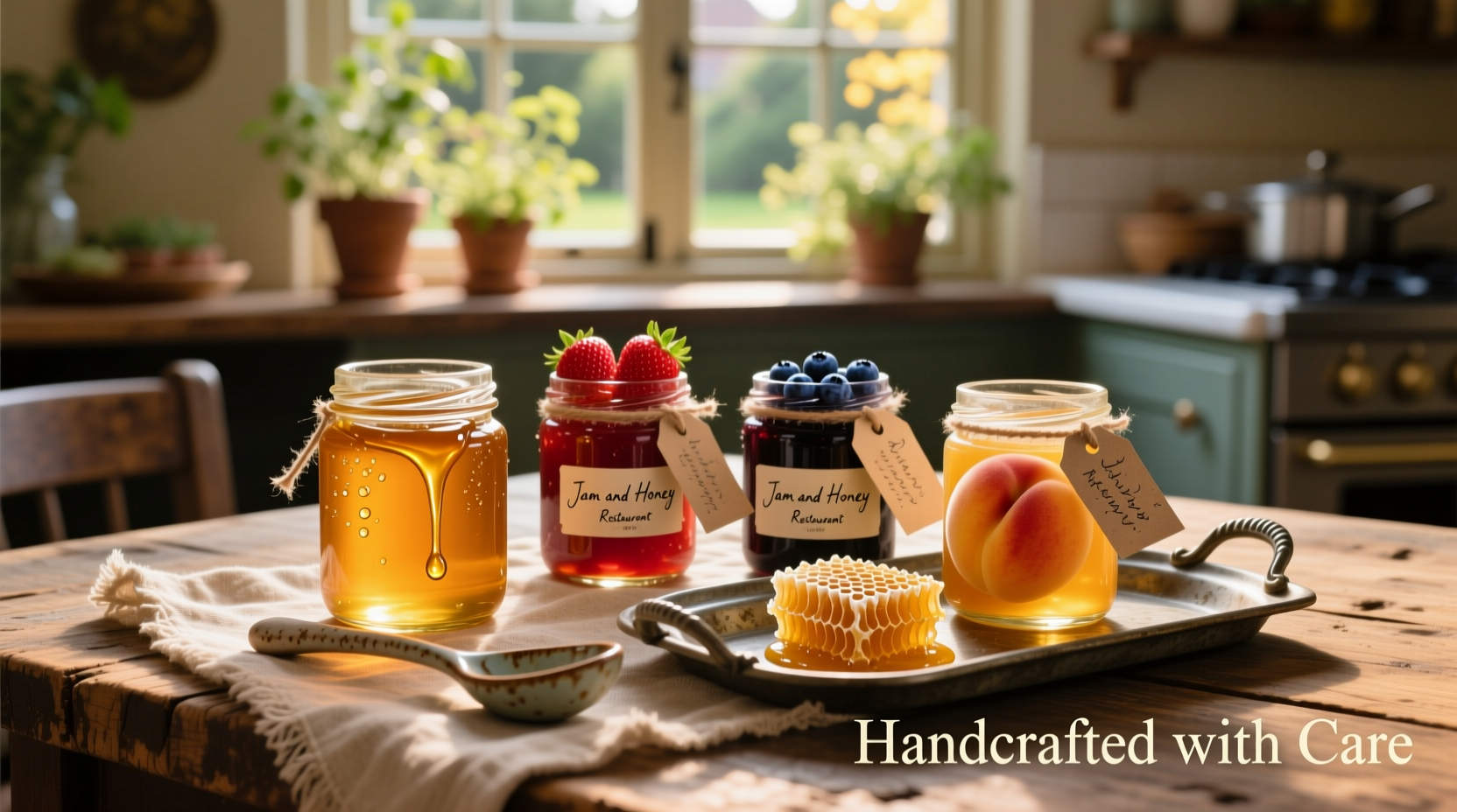 Artisanal honey and jam selection displayed on wooden boards at Jam and Honey Restaurant in Chicago, featuring small-batch preserves in mason jars alongside fresh bread and ricotta