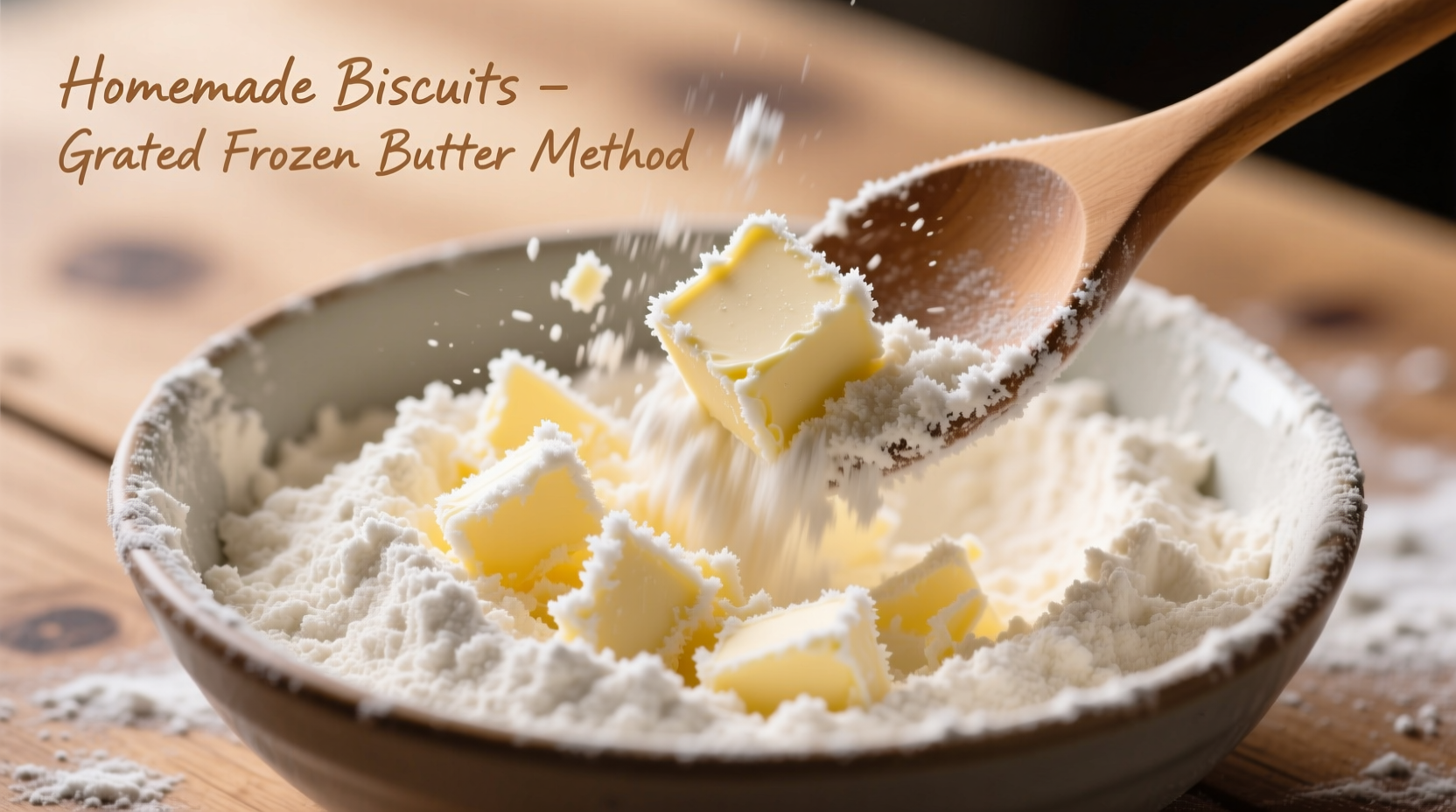 Grated frozen butter mixed with flour for biscuit preparation