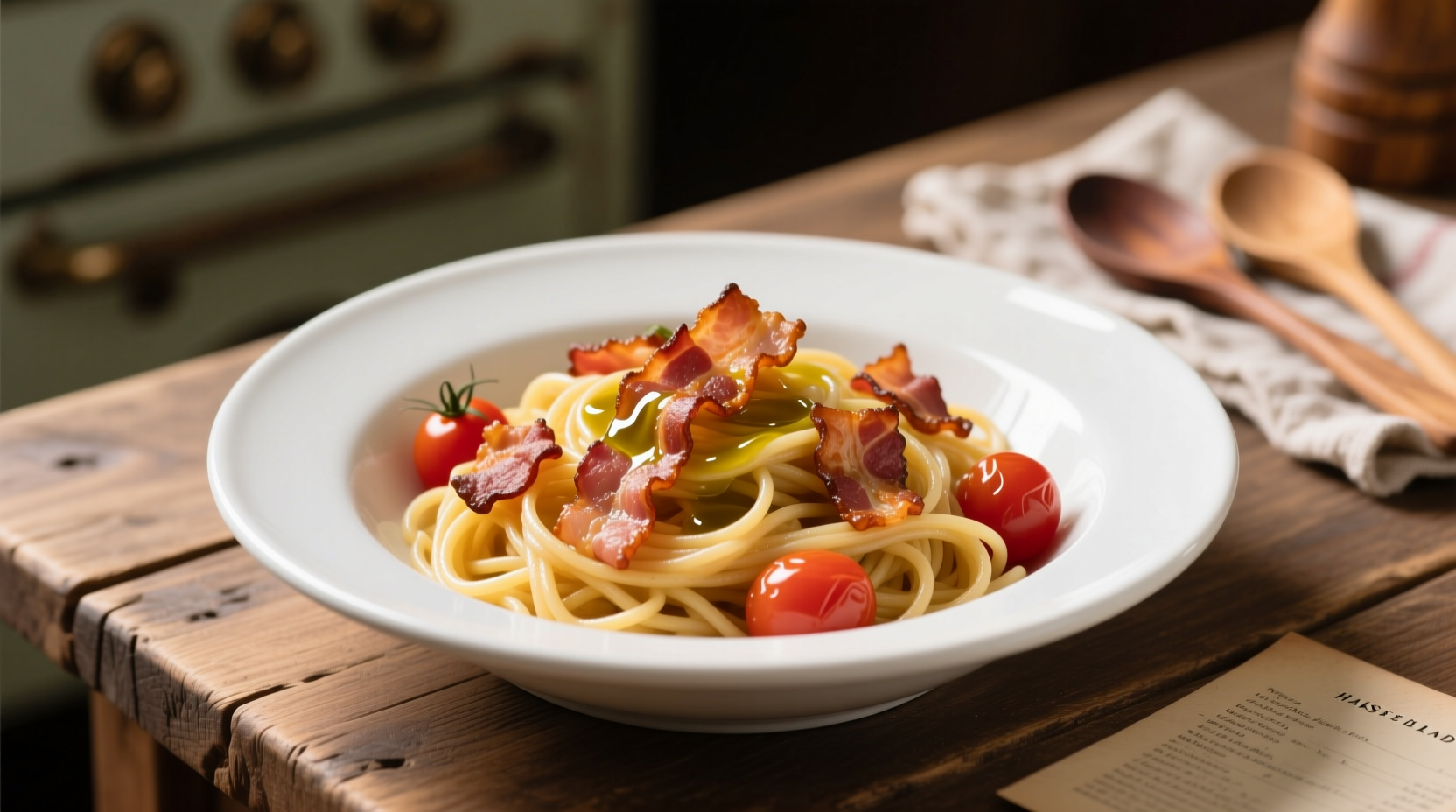 Crispy bacon and tomato pasta in white bowl