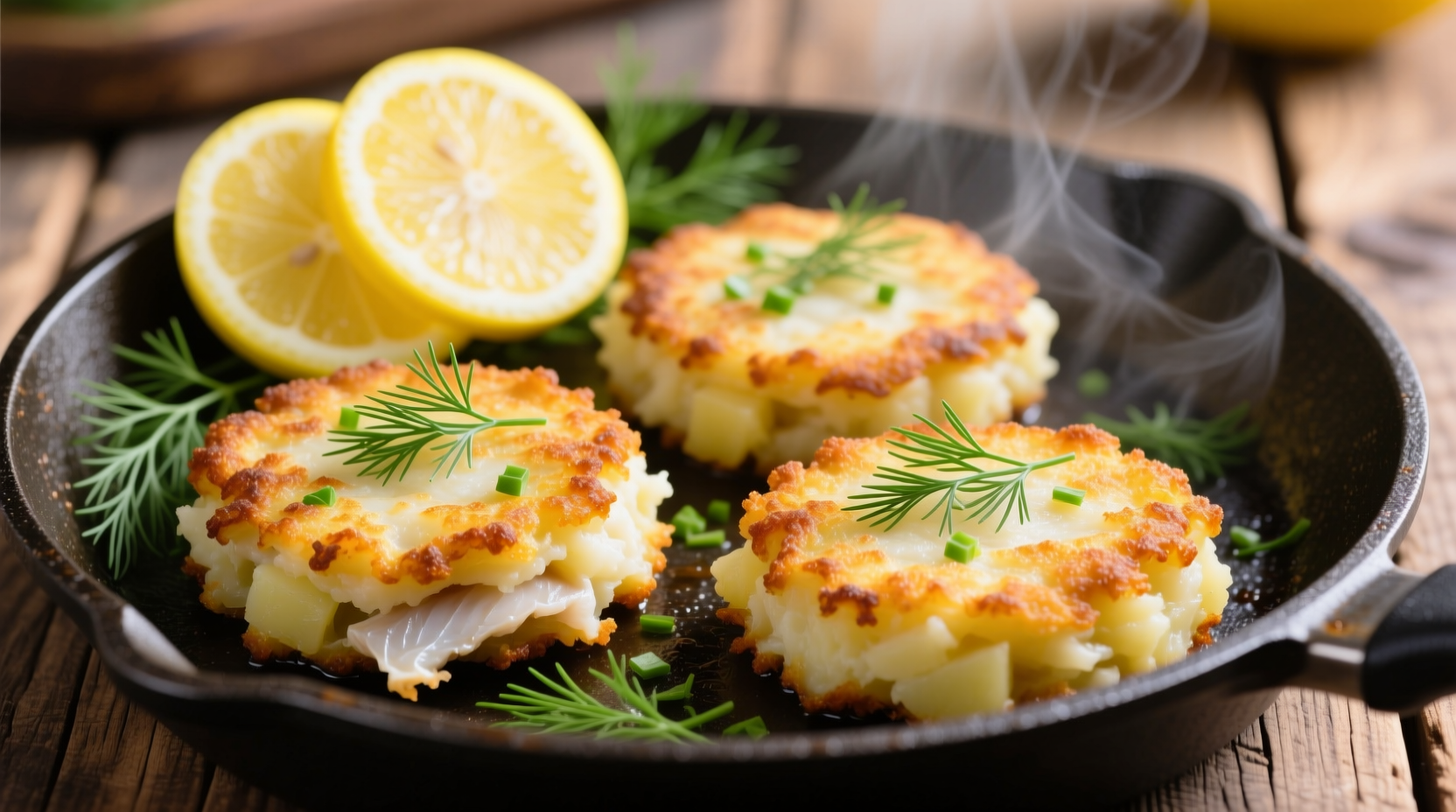 Homemade potato fish cakes with lemon and dill garnish