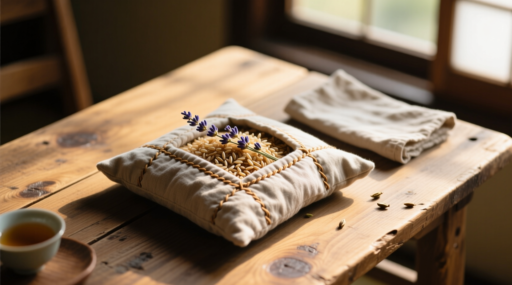 Homemade rice heating pad resting on wooden table