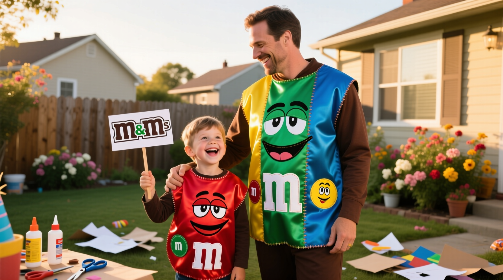 Adult and child wearing matching DIY M&M costumes