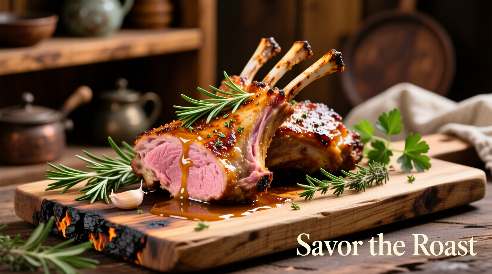 Perfectly roasted rack of lamb with herbs on wooden board