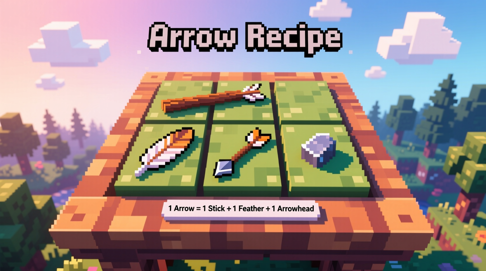 Minecraft crafting grid showing arrow recipe arrangement