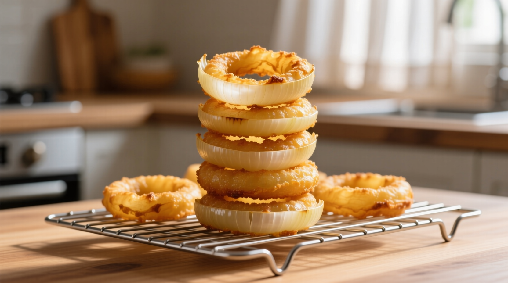 Perfectly golden crispy onion rings on wire rack