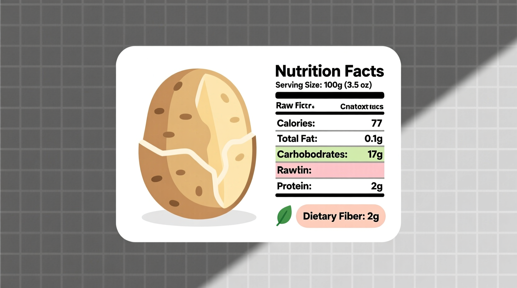 Nutrition facts label showing potato calorie information
