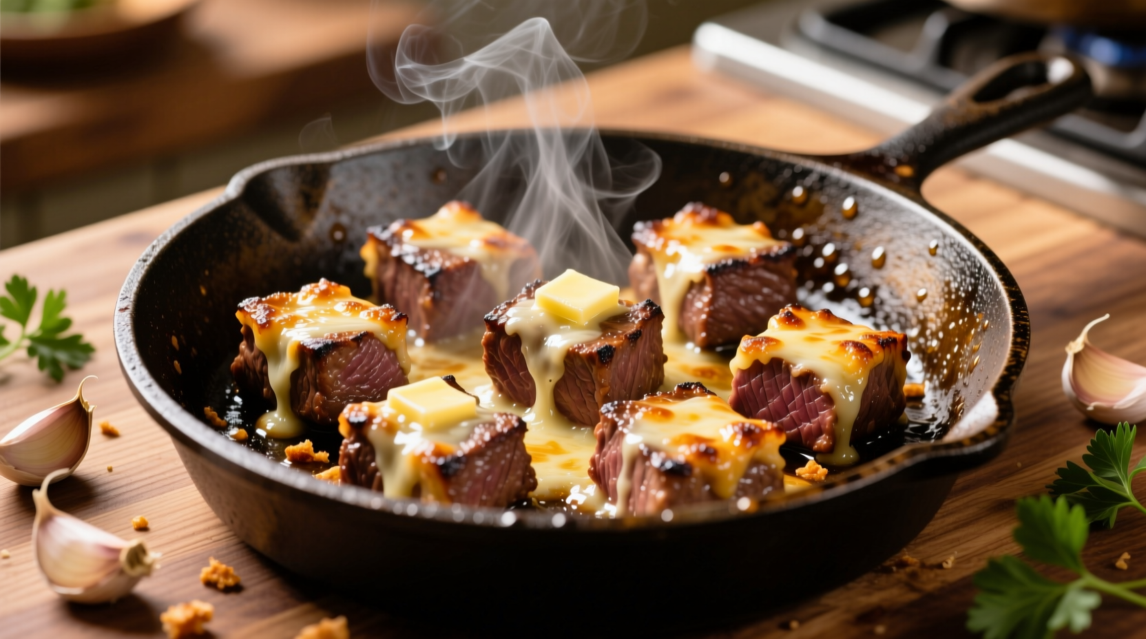Sizzling garlic parmesan steak bites in cast iron skillet