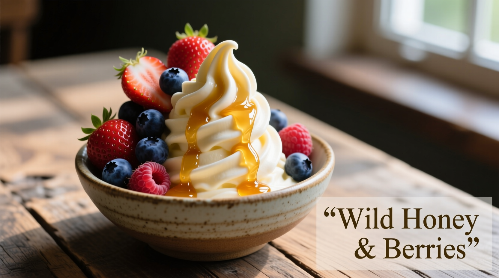Artisan wild honey frozen yogurt in a glass bowl topped with fresh raspberries and blueberries, showing creamy texture and honey drizzle