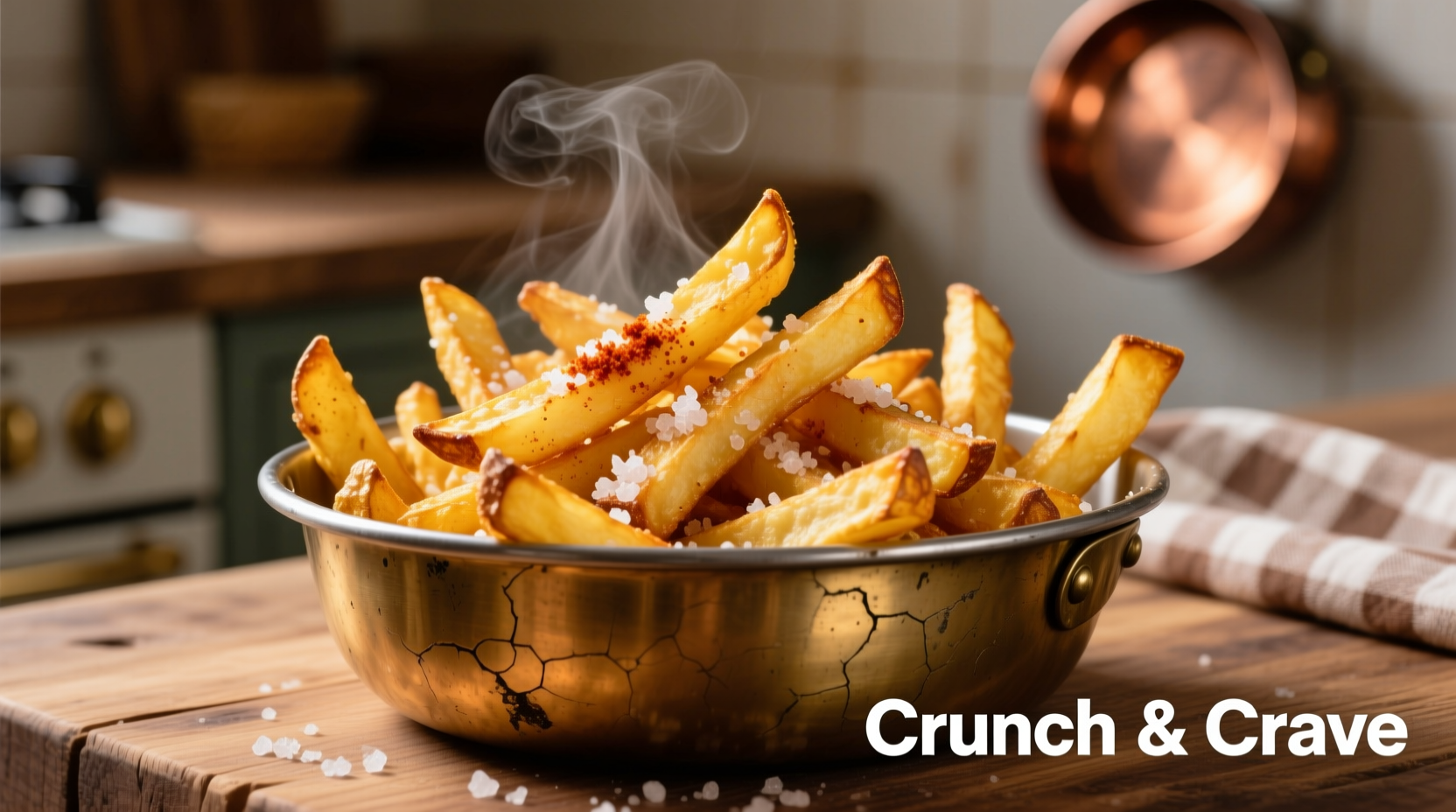 Golden crispy potato fries in a metal bowl
