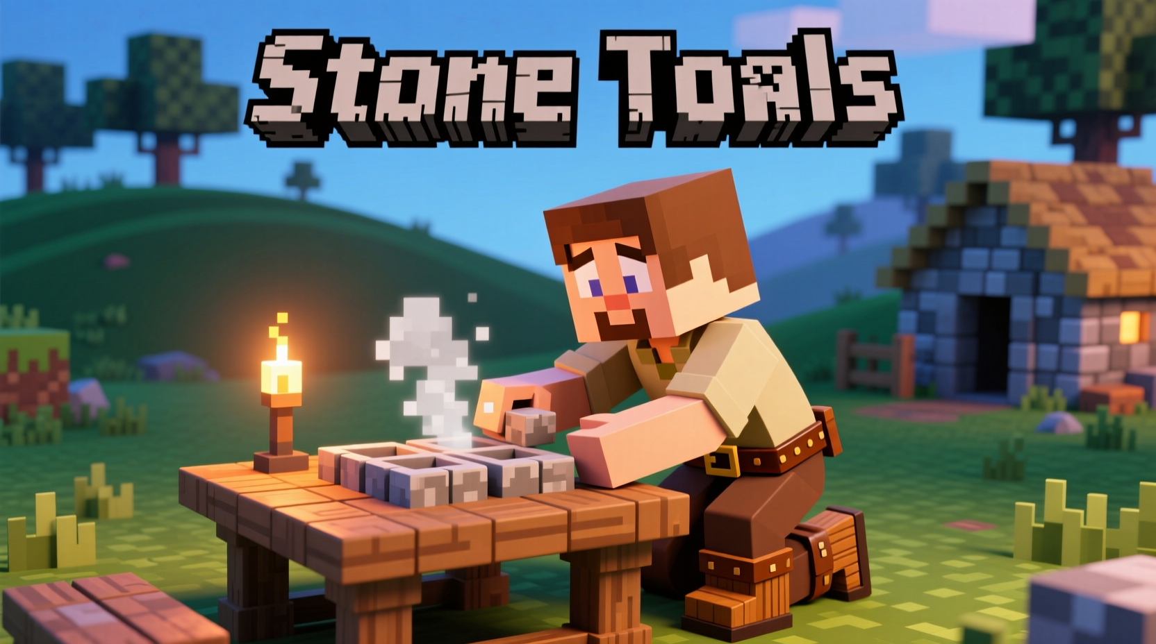 Minecraft player crafting stone tools at table