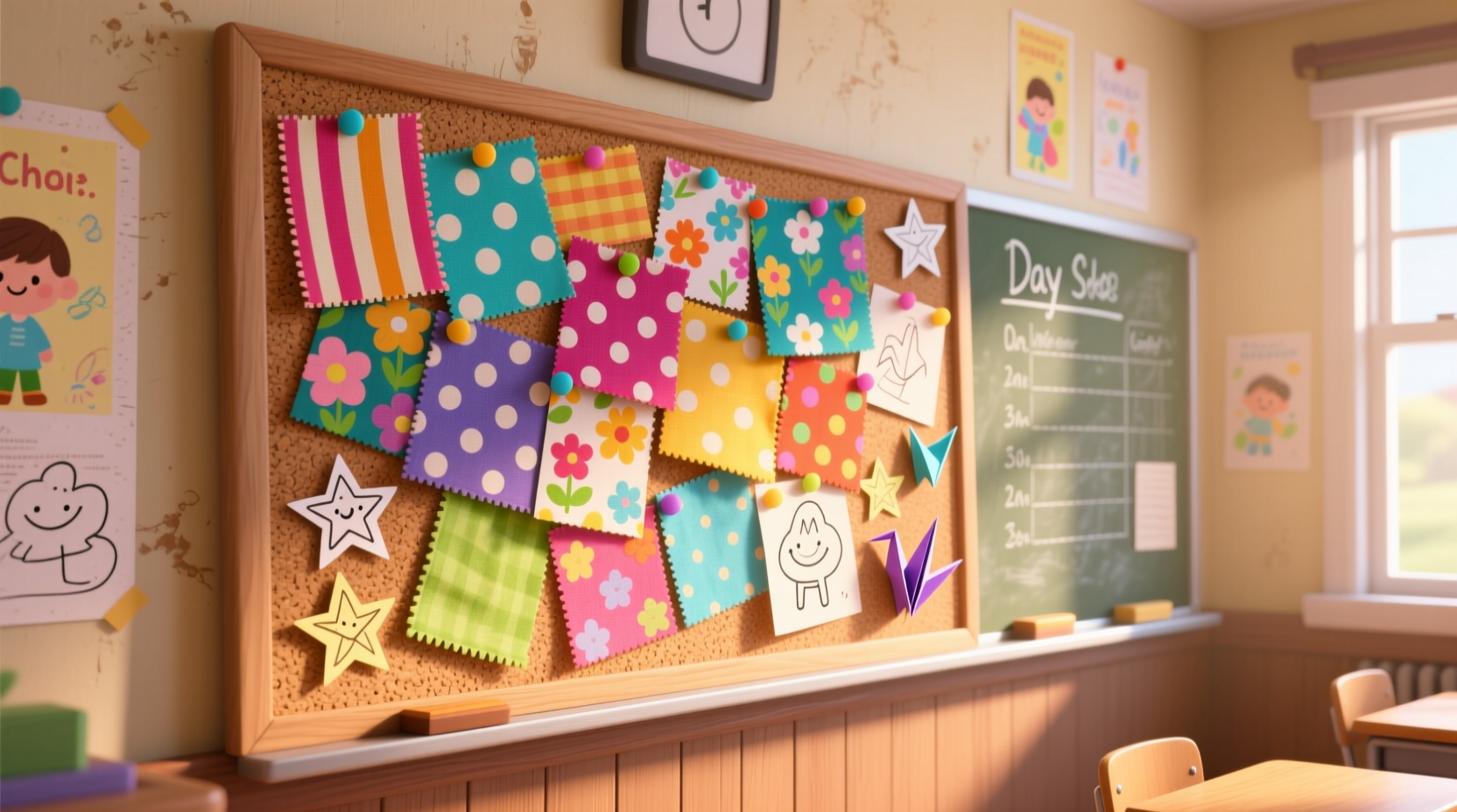 Colorful fabric scrap bulletin board in elementary classroom
