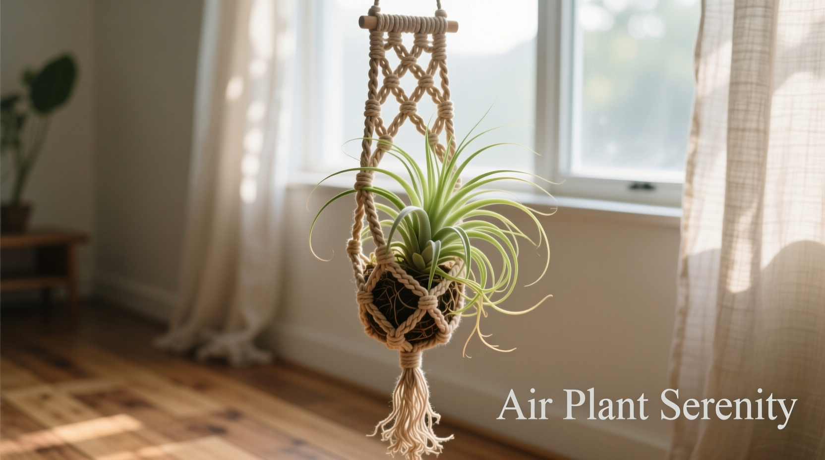 Macrame plant holder displaying air plant with natural light