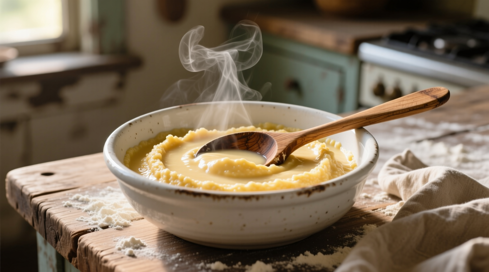 Creamy polenta in white bowl with wooden spoon