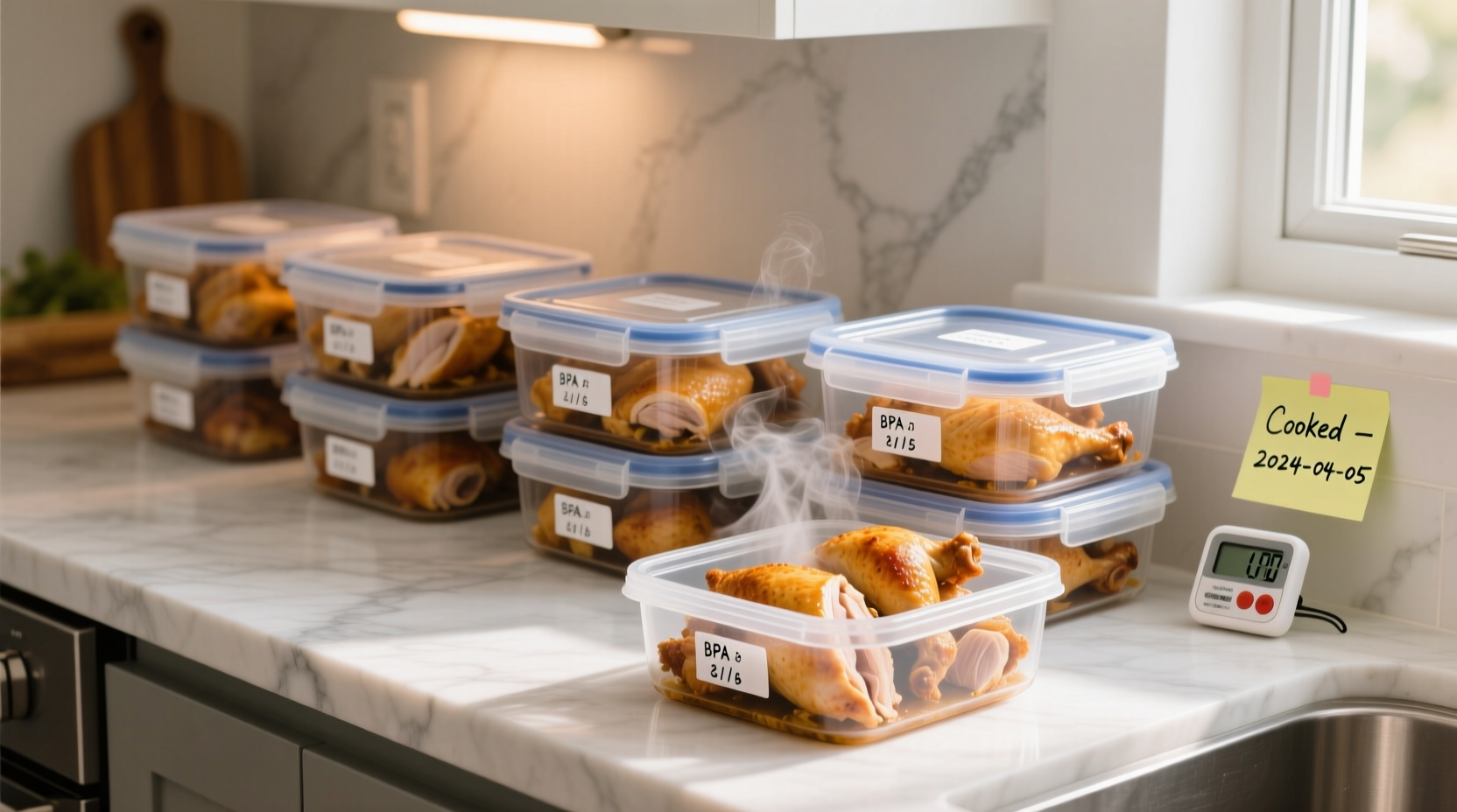 Properly stored cooked chicken in airtight containers