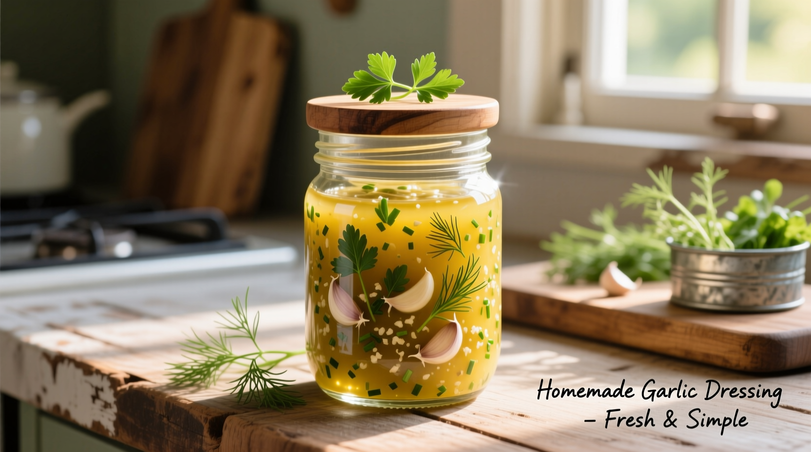 Homemade garlic dressing in glass jar with fresh herbs