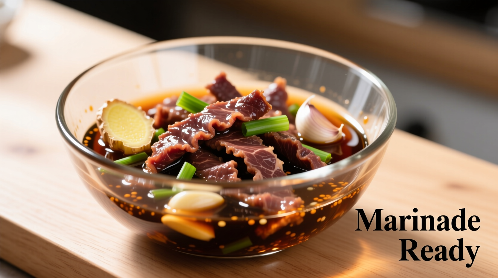 Thin beef strips marinating in soy sauce and spices mixture in glass bowl