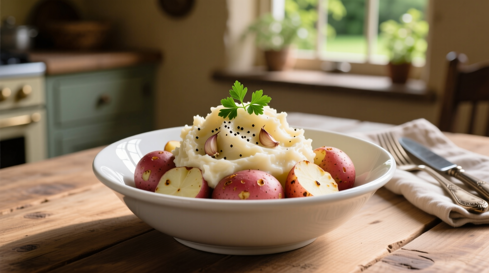 Creamy mashed garlic red potatoes in white bowl