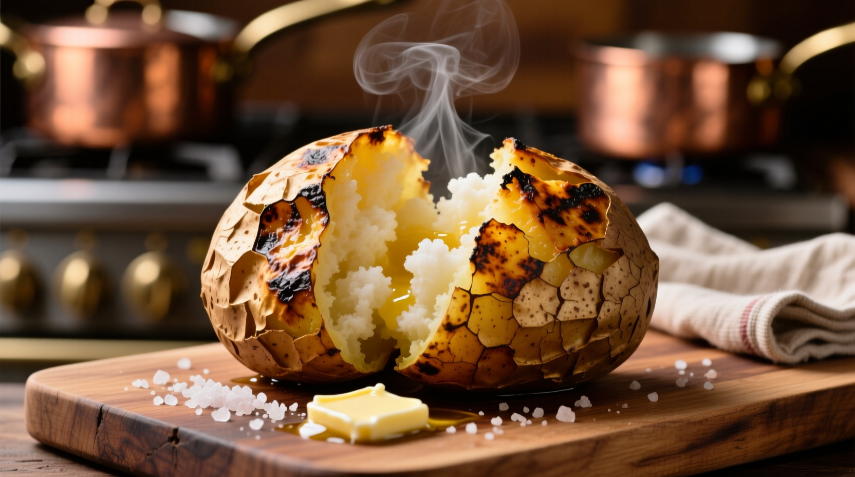 Grilled baked potato with crispy skin and fluffy interior