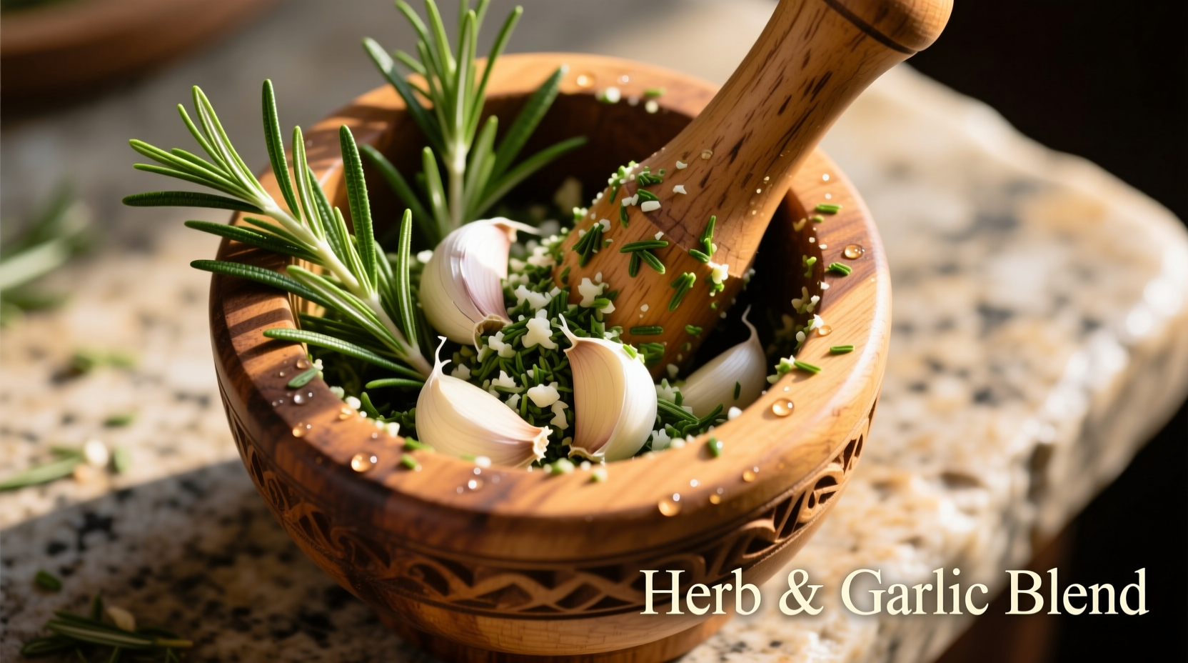 Fresh rosemary and garlic seasoning blend in mortar and pestle