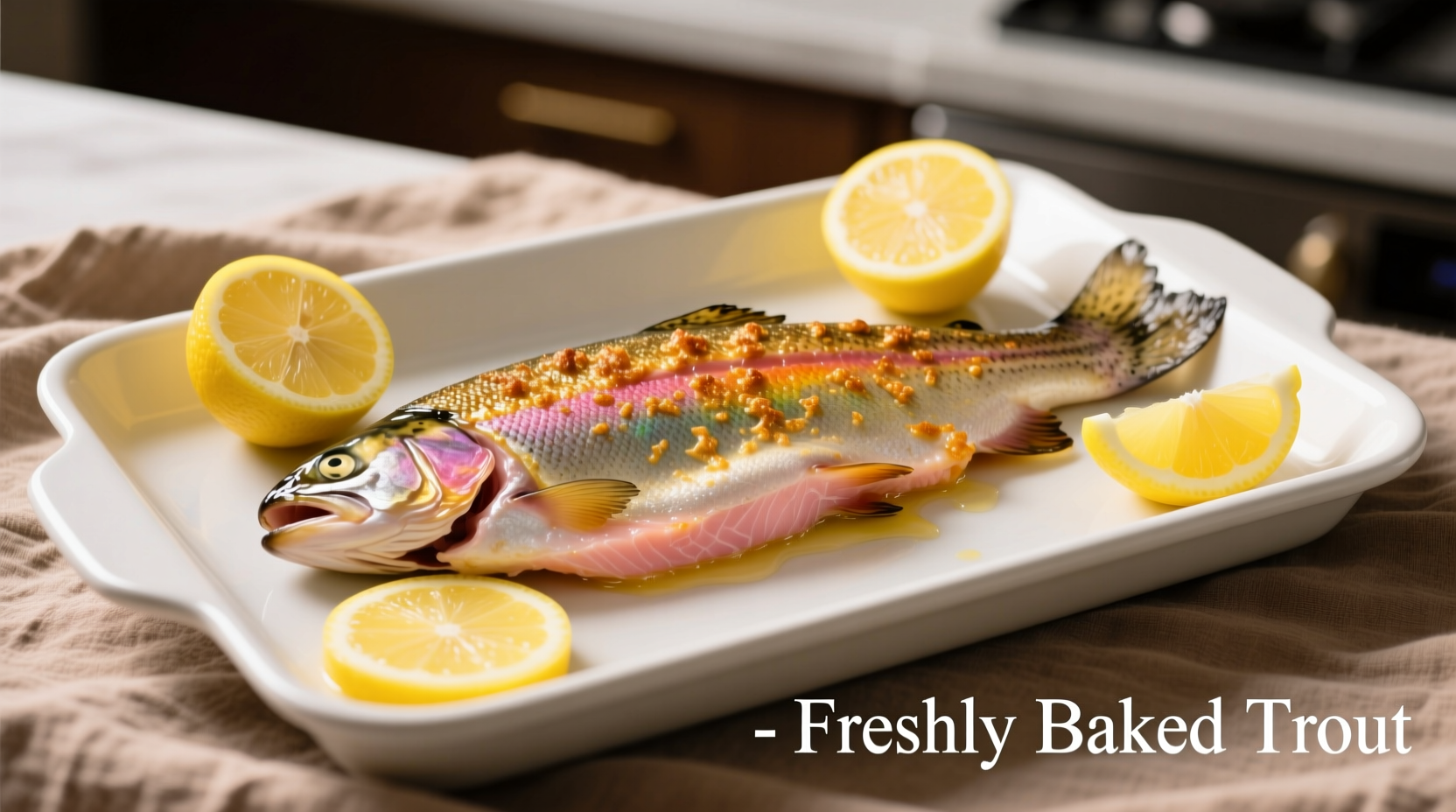Perfectly cooked trout fillet on baking sheet with lemon slices