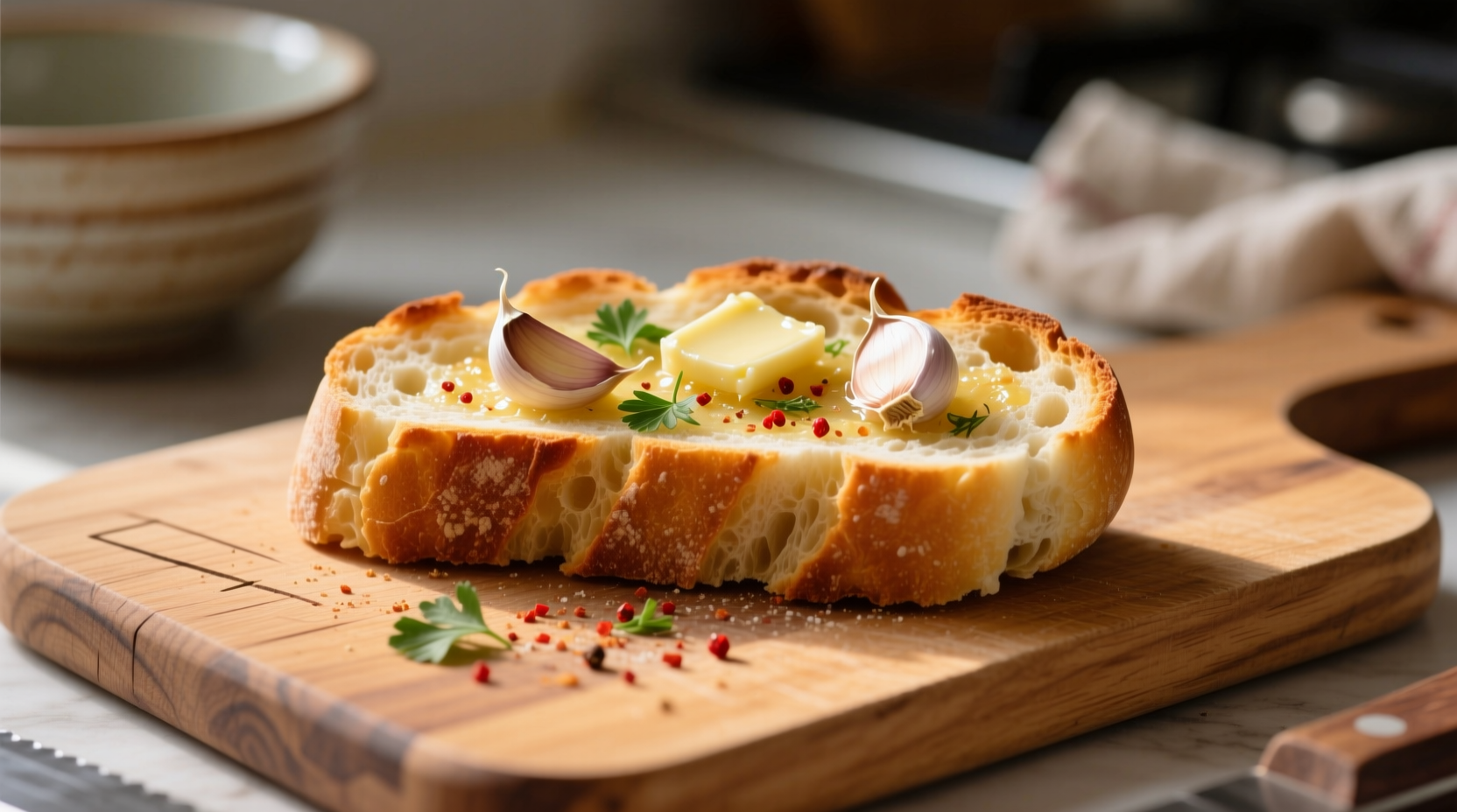 Garlic bread slice on wooden cutting board