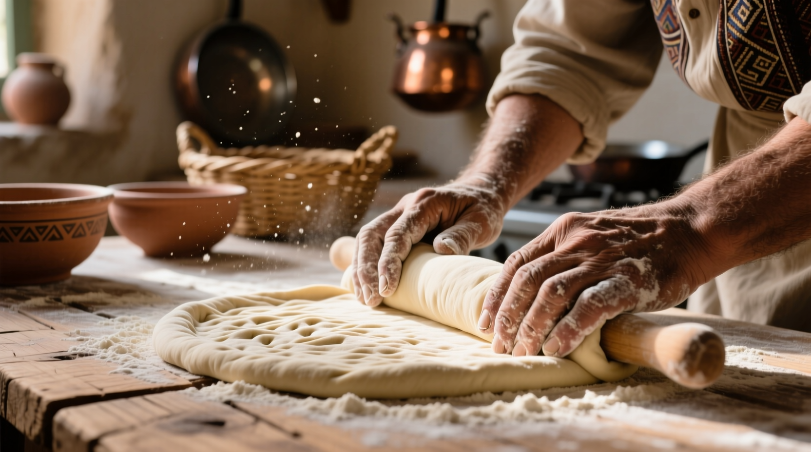 Hand rolling unleavened bread dough on wooden surface