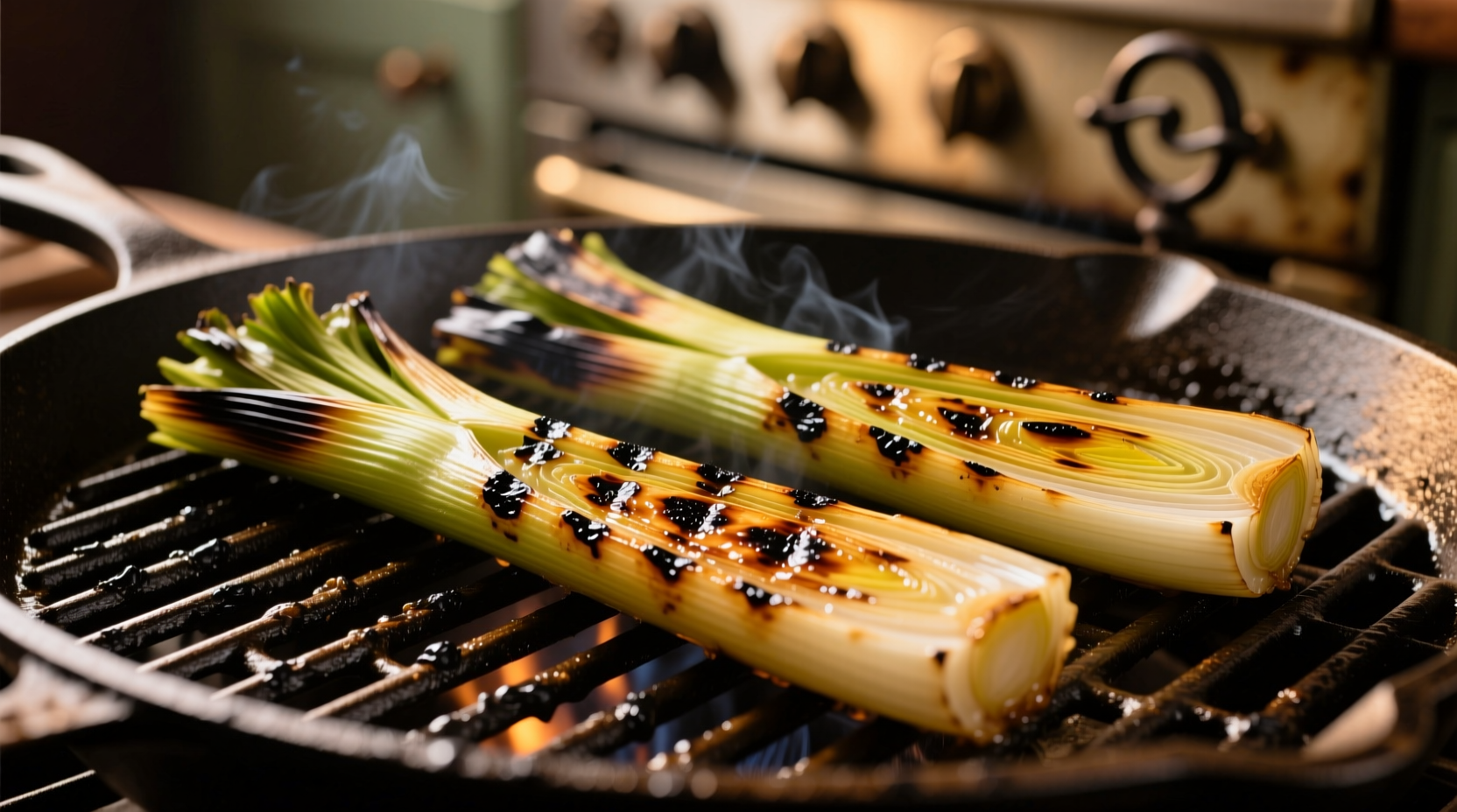 Grilled leeks with char marks on cast iron grill