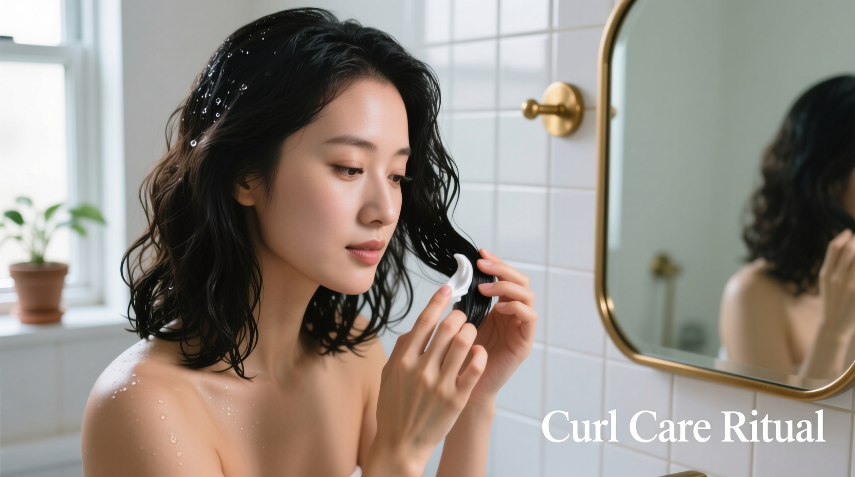 Woman applying curl cream to damp hair before braiding
