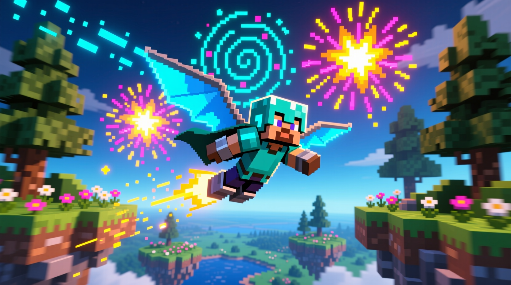 Minecraft player using fireworks with elytra for flight
