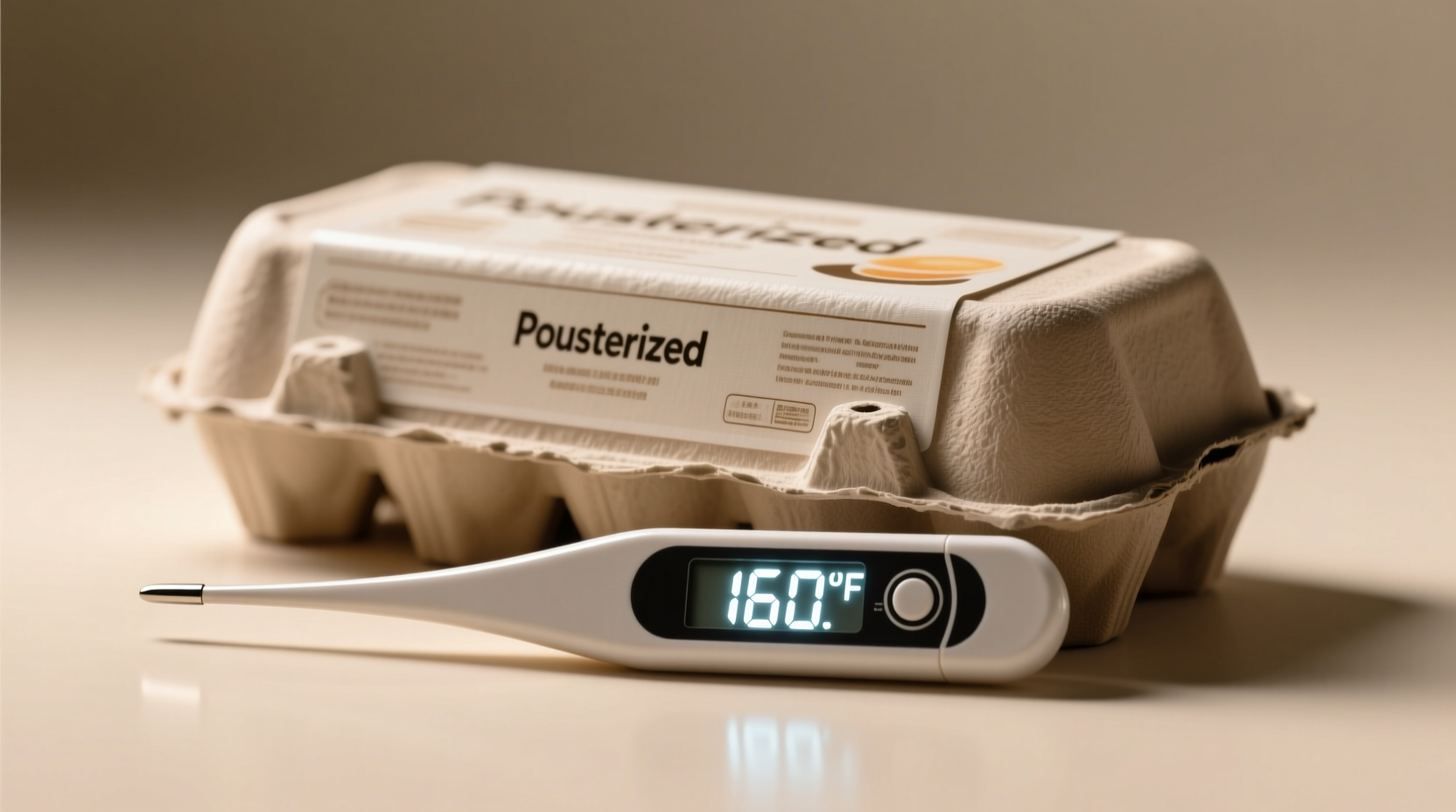 Pasteurized egg carton next to thermometer reading 160 degrees