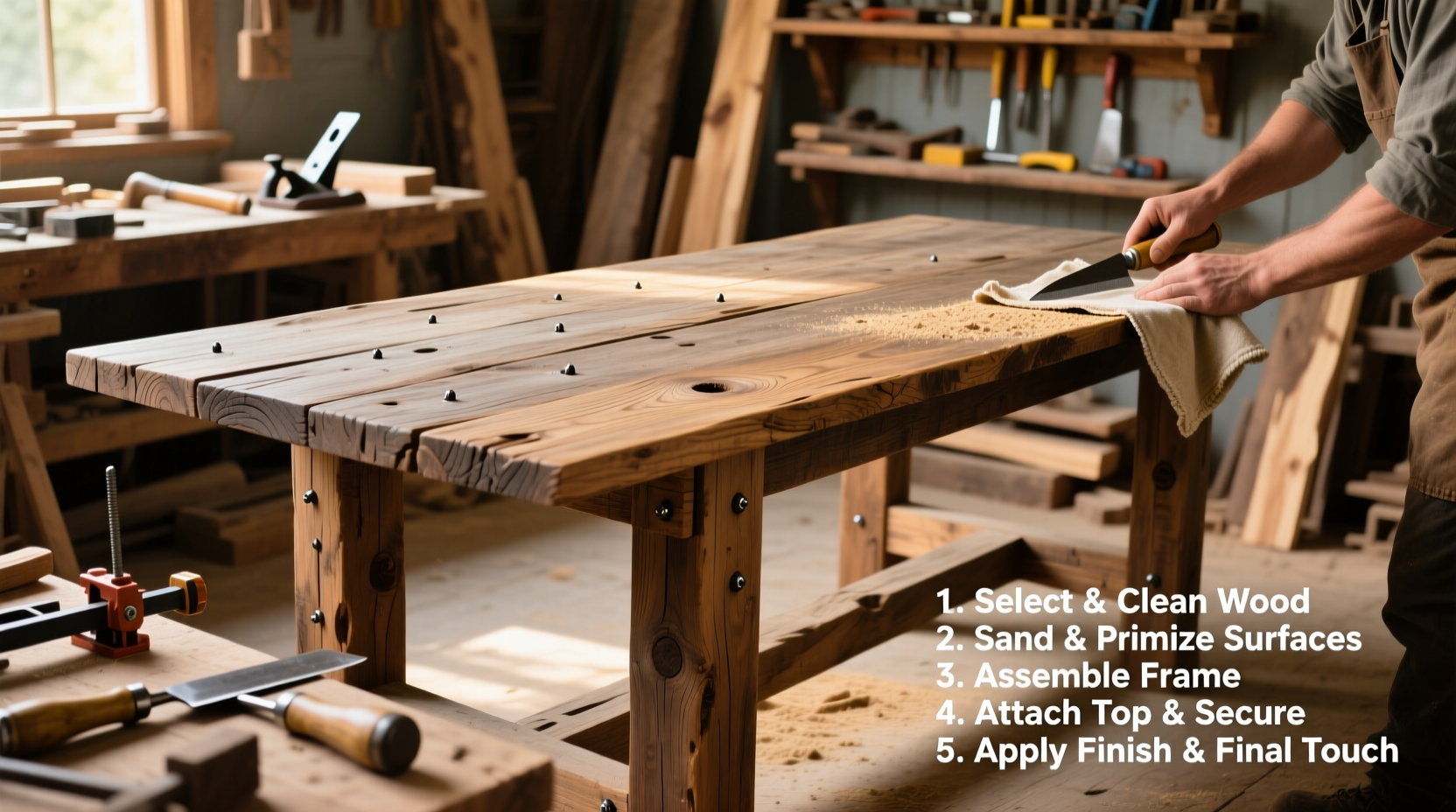 Step-by-step reclaimed wood crafting table construction process