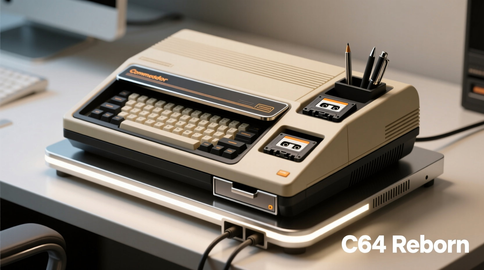 Upcycled Commodore 64 transformed into a modern desk organizer with compartments