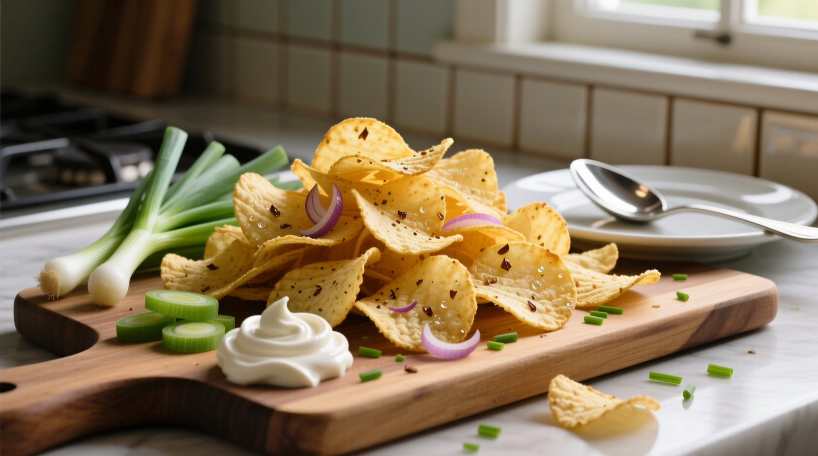 Sour cream and onion chips with fresh ingredients