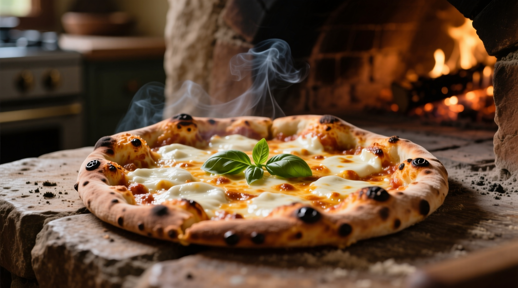 Homemade pizza with bubbling cheese on stone