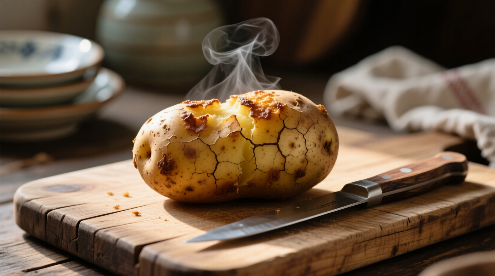 Baked Russet potato with skin on wooden cutting board